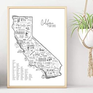 Surf California Map - Beach Wall Decor - 16 x 20 Inch Art Poster of California Surf Breaks - Unique Wall Art for Coastal, Ocean, Nautical & Surfboard Themed Decor - Poster Frame NOT Included