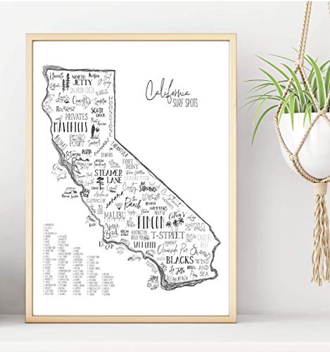 Surf California Map - Beach Wall Decor - 16 x 20 Inch Art Poster of California Surf Breaks - Unique Wall Art for Coastal, Ocean, Nautical & Surfboard Themed Decor - Poster Frame NOT Included