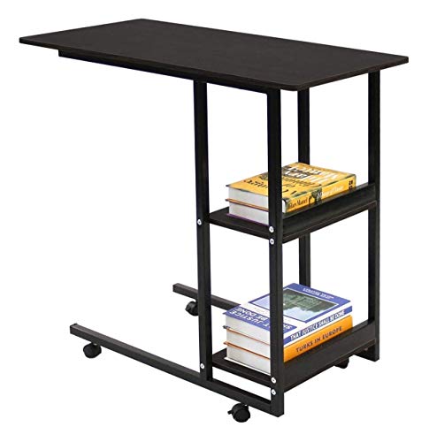 Desk Movable Office with Wheels Two Shelves Wood Sofa Side Table Slide | Black