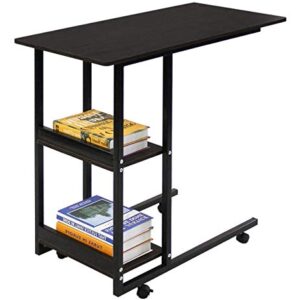 Desk Movable Office with Wheels Two Shelves Wood Sofa Side Table Slide | Black