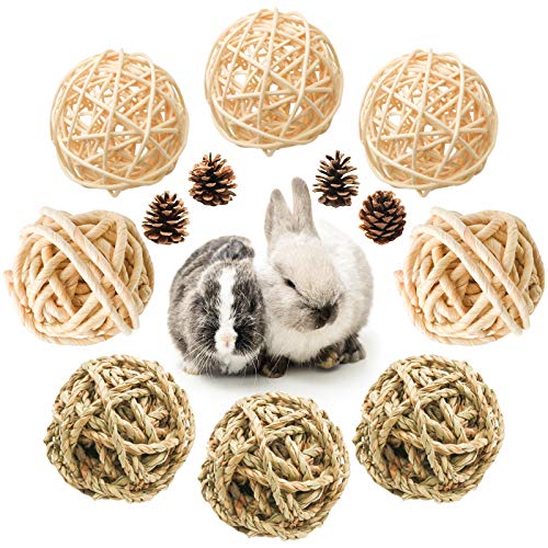 8 Pcs Small Animals Play Balls Rolling Activity Chew Toys Gnawing Treats for Rabbits Guinea Pigs Chinchilla Bunny Natural Balls, Pet Cage Entertainment Accessories (8 Pcs+ Pine Cone)