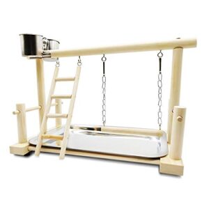 bird perch parrot playstand wood perch gym cockatiel swing ladder with feeder cups toys 14.1in×9.8in×9in