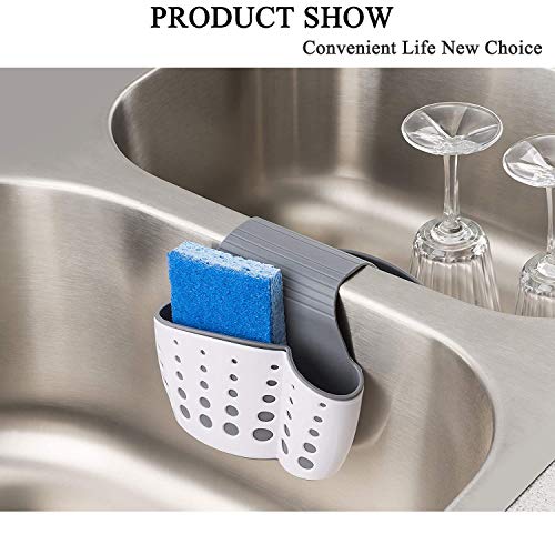 Sink Caddy Sponge Holder for Kitchen Sink Faucet Hanging Sink Sponge Caddy Organizer for Sponge, Brush, Soap, Silicone Plastic Saddle Faucet Flexible Caddy with Drain Holes for Drying,Double White