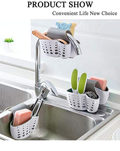 Sink Caddy Sponge Holder for Kitchen Sink Faucet Hanging Sink Sponge Caddy Organizer for Sponge, Brush, Soap, Silicone Plastic Saddle Faucet Flexible Caddy with Drain Holes for Drying,Double White