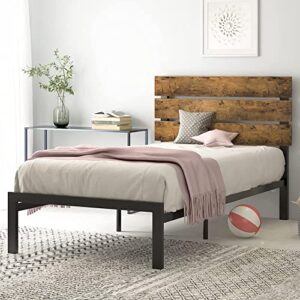 sha cerlin twin size platform bed frame with wood headboard and metal slats/rustic country style mattress foundation/box spring optional/strong metal slats support/easy assembly, dark brown