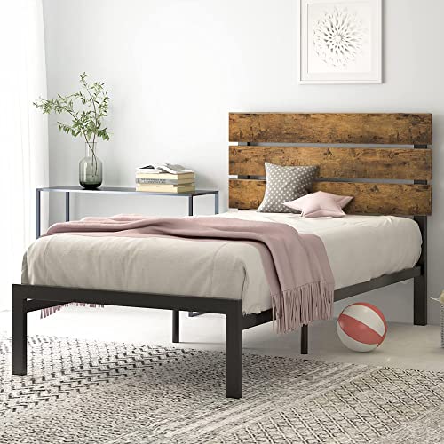 SHA CERLIN Twin Size Platform Bed Frame with Wood headboard and Metal Slats/Rustic Country Style Mattress Foundation/Box Spring Optional/Strong Metal Slats Support/Easy Assembly, Dark Brown