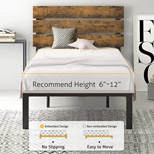 SHA CERLIN Twin Size Platform Bed Frame with Wood headboard and Metal Slats/Rustic Country Style Mattress Foundation/Box Spring Optional/Strong Metal Slats Support/Easy Assembly, Dark Brown