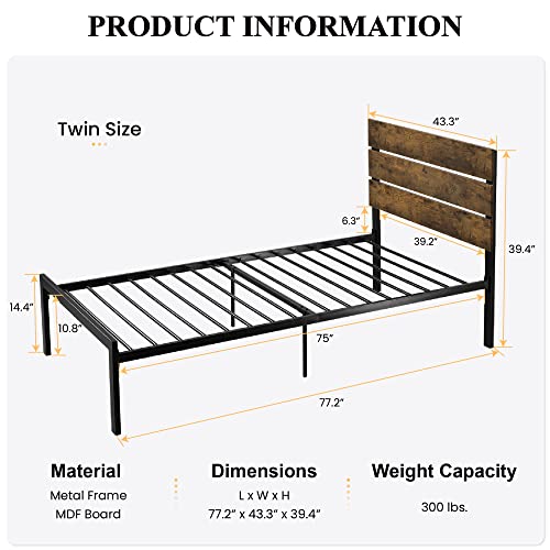 SHA CERLIN Twin Size Platform Bed Frame with Wood headboard and Metal Slats/Rustic Country Style Mattress Foundation/Box Spring Optional/Strong Metal Slats Support/Easy Assembly, Dark Brown