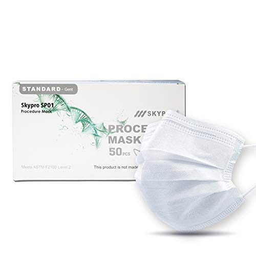 SkyPro 50PCS Medical Grade Procedure Masks, Adult 3 Ply Disposable Hypoallergenic White Face Masks with Elastic Ear Loop Filter Efficiency Greater than 99% Breathable for Hospital