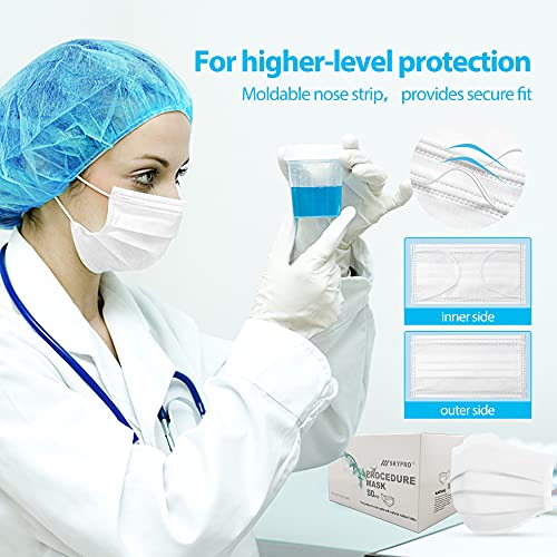 SkyPro 50PCS Medical Grade Procedure Masks, Adult 3 Ply Disposable Hypoallergenic White Face Masks with Elastic Ear Loop Filter Efficiency Greater than 99% Breathable for Hospital