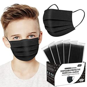 xdx kids mask individually wrapped, kids black disposable face mask for boys and girls, 3 ply - 5.7" x 3.7" children's size – for childcare, school, daily use (50 pcs)