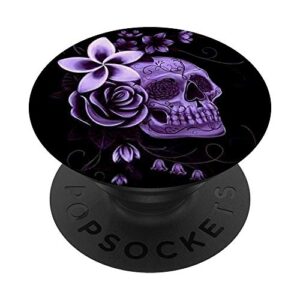 purple skull black floral flowers skulls skeletons bones popsockets grip and stand for phones and tablets