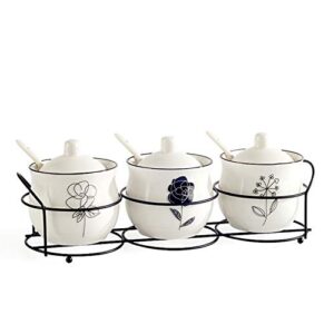 ceramic spice & sugar jars, with lids spoons and shelf,porcelain condiment kitchen jar spice container set, 230 ml,3 pcs
