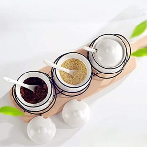 Ceramic Spice & sugar Jars, with Lids Spoons and Shelf,Porcelain Condiment Kitchen Jar Spice Container Set, 230 ML,3 Pcs