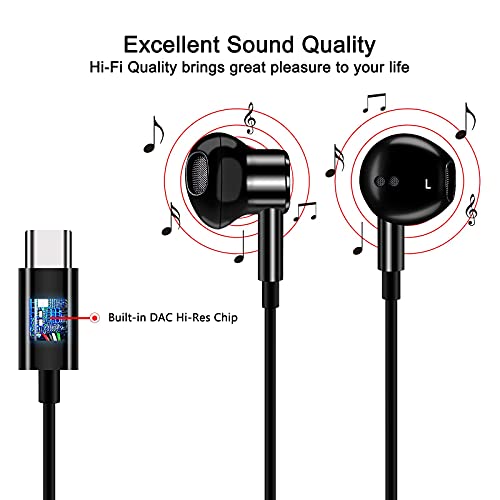 Jelanry USB C Headphone with Microphone, USB Type C Earbuds Magnetic Wired Earphone Volume Control for iPad Mini Air Samsung Z Fold 4 Flip 3 Galaxy S22 S21 S23 Pixel 7 Pro OnePlus 11 10 9 Pro, Black