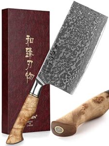 hezhen meat cleaver butcher knife kitchen vegetable cleaver chinese chef cooking knife 6.8 inch 67-layer damascus steel forged sharp utility mincer knife-non-slip wooden handle + gift box