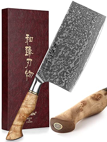 HEZHEN Meat Cleaver Butcher Knife Kitchen Vegetable Cleaver Chinese Chef Cooking Knife 6.8 Inch 67-Layer Damascus Steel Forged Sharp Utility Mincer Knife-Non-Slip Wooden Handle + Gift Box