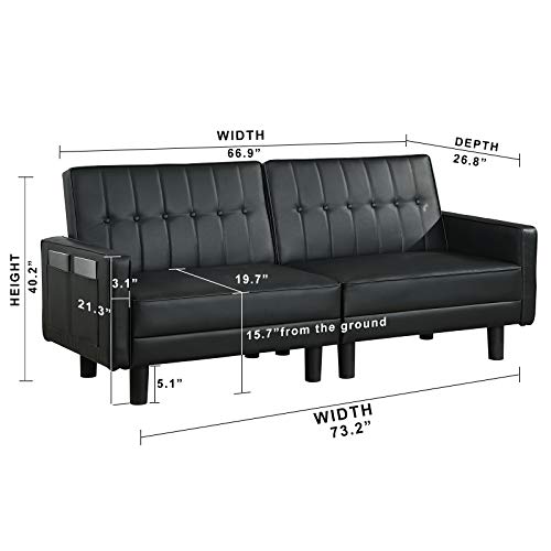 URRED Futon Sofa Bed Loveseat Sofa Sleeper, Convertible Loveseat Sofa Bed, Fotone Bed Couch Tufted Design with Adjustable Backrest and Side Pockets for Small Spaces (PU-Black)