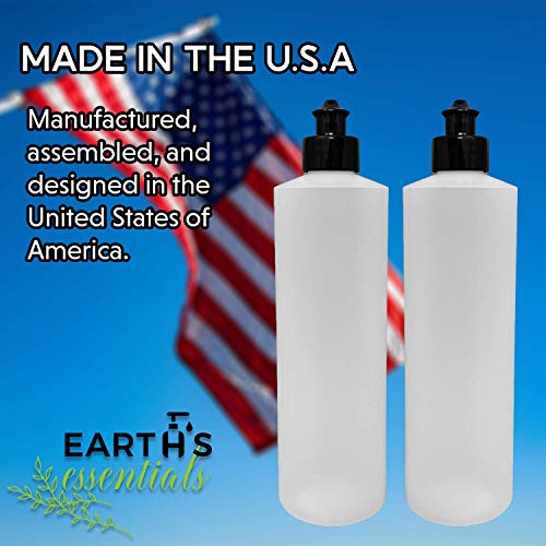 2 Pack Refillable 16 Ounce HDPE Squeeze Bottles With Push/Pull Button Top Dispenser Caps-Great For Lotions, Shampoos, Conditioners and Massage Oils From Earth's Essentials (Black Cap)