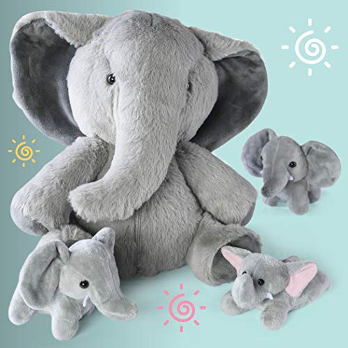 PREXTEX Plush Elephant Toys Stuffed Animal w/ 3 Elephant Baby Stuffed Animals - Big Elephant Zippers 3 Little Plush Baby Elephant - Elephant Plush Toys for Kids 3-5 - Great Gift for Elephant Lovers