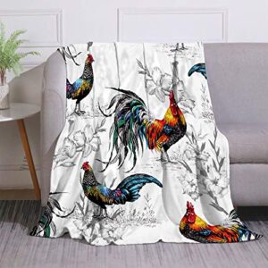miblor bright colored farm roosters and grey flowers blanket super soft warm 60x80 inch plush fleece throw blanket for sofa bed travelling camping gift idea