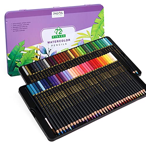 PAGOS Watercolor Pencils Set – 72 Professional Drawing Pencils for Kids Adults Artists, Art Supplies for Coloring, Creating Beautiful Blending Effects with Vivid Colors Brush and Water, Layering.