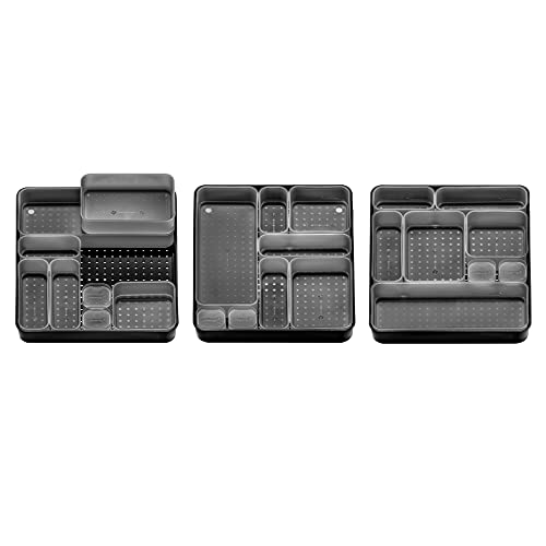 madesmart Junk Drawer Organizer Stack & Slide-CARBON COLLECTION Multi-Purpose, Stackable, Lidded Bins, Non-Slip Rubber Feet, Large