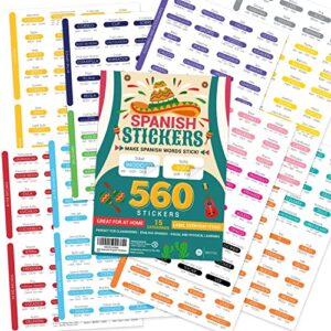 535 spanish/english vocabulary word sticker labels – educational language learning resource for memory & sight – fun for around the house game play - kids, grade school, classroom or homeschool