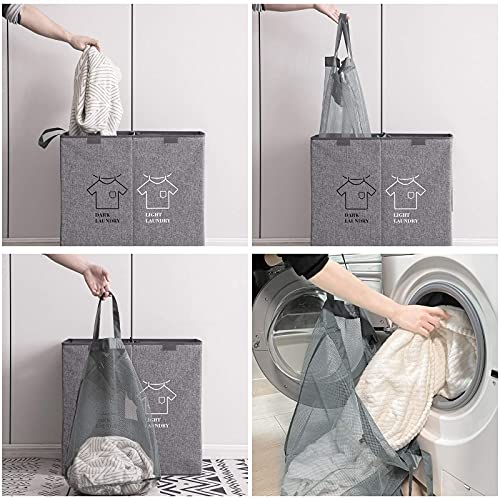 TECHMILLY Double Laundry Hamper with Lid, 140L Large Foldable Dirty Cloth Basket 2 Section with Removable Liners, Tall Divided Laundry Baskets with Handles for Bedroom, Closet, Bathroom - Grey