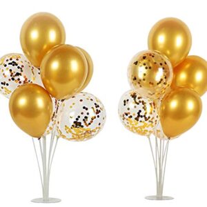 Balloons Stand Kit Table Decorations,2 Set with 14 Sticks,14 Cups,2 Base,12 Gold Metallic Balloons 6 Gold Confetti Balloons for Birthday,Baby Shower,Wedding,Anniversary Table Party Decorations.