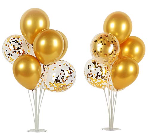 Balloons Stand Kit Table Decorations,2 Set with 14 Sticks,14 Cups,2 Base,12 Gold Metallic Balloons 6 Gold Confetti Balloons for Birthday,Baby Shower,Wedding,Anniversary Table Party Decorations.