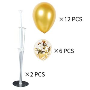 Balloons Stand Kit Table Decorations,2 Set with 14 Sticks,14 Cups,2 Base,12 Gold Metallic Balloons 6 Gold Confetti Balloons for Birthday,Baby Shower,Wedding,Anniversary Table Party Decorations.