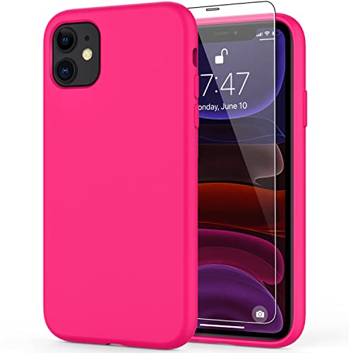 DEENAKIN iPhone 11 Case with Screen Protector,Soft Flexible Silicone Gel Rubber Bumper Cover,Slim Fit Shockproof Protective Phone Case for iPhone 11 6.1" Hot Pink