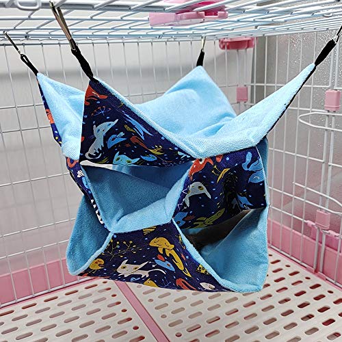 Small Animal Hanging Hammock Pet Swinging Bed 3 Tier Sleep Nap Sack Cage Accessories Kit Set Tunnel Ferret Rat Cave Sugar Glider Hideouts Warm Bedding for Squirrel Guinea Pig (Bluecat Pattern)