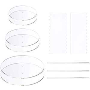 aquiver acrylic round cake disk set - cake discs circle base boards with center hole - 2 comb scrapers (4 patterns) & 3 dowel rod - 6.25", 8.25", 10.25", 2 of each size - supplies for 3 tier cakes