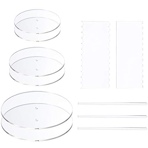 Aquiver Acrylic Round Cake Disk Set - Cake Discs Circle Base Boards with Center Hole - 2 Comb Scrapers (4 Patterns) & 3 Dowel Rod - 6.25", 8.25", 10.25", 2 of Each Size - Supplies for 3 Tier Cakes