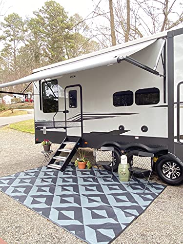 Rv Mat Patio Rug Geometric Triangle Pattern 9x16 Black/Grey