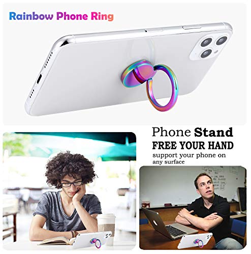 lenoup Rainbow Cell Phone Ring Stand Holder,Multicolor Ring Grip Kickstand,Iridescent 360 Rotation Metal Finger Ring for Phones,Pad