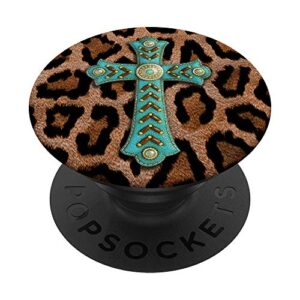 leopard cheetah print turquoise teal cross rodeo southwest popsockets swappable popgrip