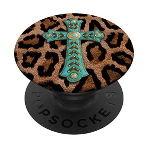 Leopard Cheetah Print Turquoise Teal Cross Rodeo Southwest PopSockets Swappable PopGrip