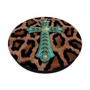 Leopard Cheetah Print Turquoise Teal Cross Rodeo Southwest PopSockets Swappable PopGrip