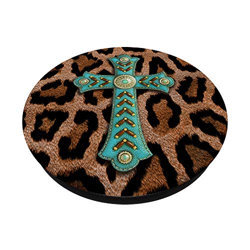 Leopard Cheetah Print Turquoise Teal Cross Rodeo Southwest PopSockets Swappable PopGrip