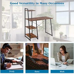 Tangkula Computer Desk with 4 Tier Shelves, Writing Desk Study Desk, Compact Computer Desk Workstation with X-Shaped Metal Frame & Adjustable Foot Pads, Home Office Desk (Brown)