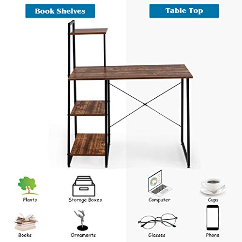 Tangkula Computer Desk with 4 Tier Shelves, Writing Desk Study Desk, Compact Computer Desk Workstation with X-Shaped Metal Frame & Adjustable Foot Pads, Home Office Desk (Brown)