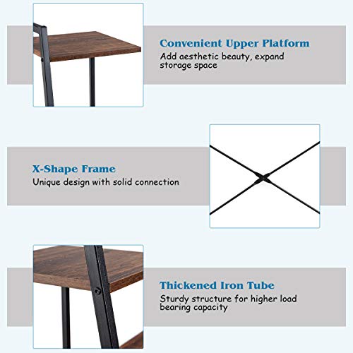 Tangkula Computer Desk with 4 Tier Shelves, Writing Desk Study Desk, Compact Computer Desk Workstation with X-Shaped Metal Frame & Adjustable Foot Pads, Home Office Desk (Brown)