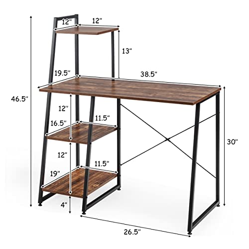 Tangkula Computer Desk with 4 Tier Shelves, Writing Desk Study Desk, Compact Computer Desk Workstation with X-Shaped Metal Frame & Adjustable Foot Pads, Home Office Desk (Brown)