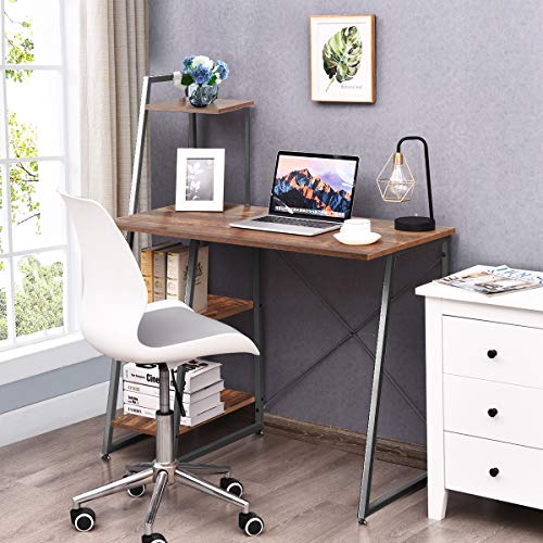 Tangkula Computer Desk with 4 Tier Shelves, Writing Desk Study Desk, Compact Computer Desk Workstation with X-Shaped Metal Frame & Adjustable Foot Pads, Home Office Desk (Brown)