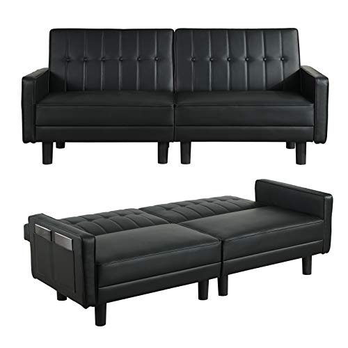 IPKIG Convertible Futon Sofa Bed- Loveseat Sofa Bed with 3 Gears Adjustable Backrest- Mid-Century Modern Tufted Faux Leather Sleeper Sofa Bed with 8 Sturdy Legs and Side Pockets (Black)