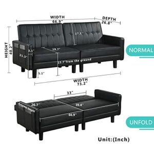 IPKIG Convertible Futon Sofa Bed- Loveseat Sofa Bed with 3 Gears Adjustable Backrest- Mid-Century Modern Tufted Faux Leather Sleeper Sofa Bed with 8 Sturdy Legs and Side Pockets (Black)