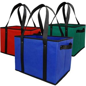 cleverfect reusable grocery box bags. large, durable heavy duty premium quality shopping totes set. collapsible, extra long handles & reinforced bottom, pack of 3 (red, blue, green) eco friendly